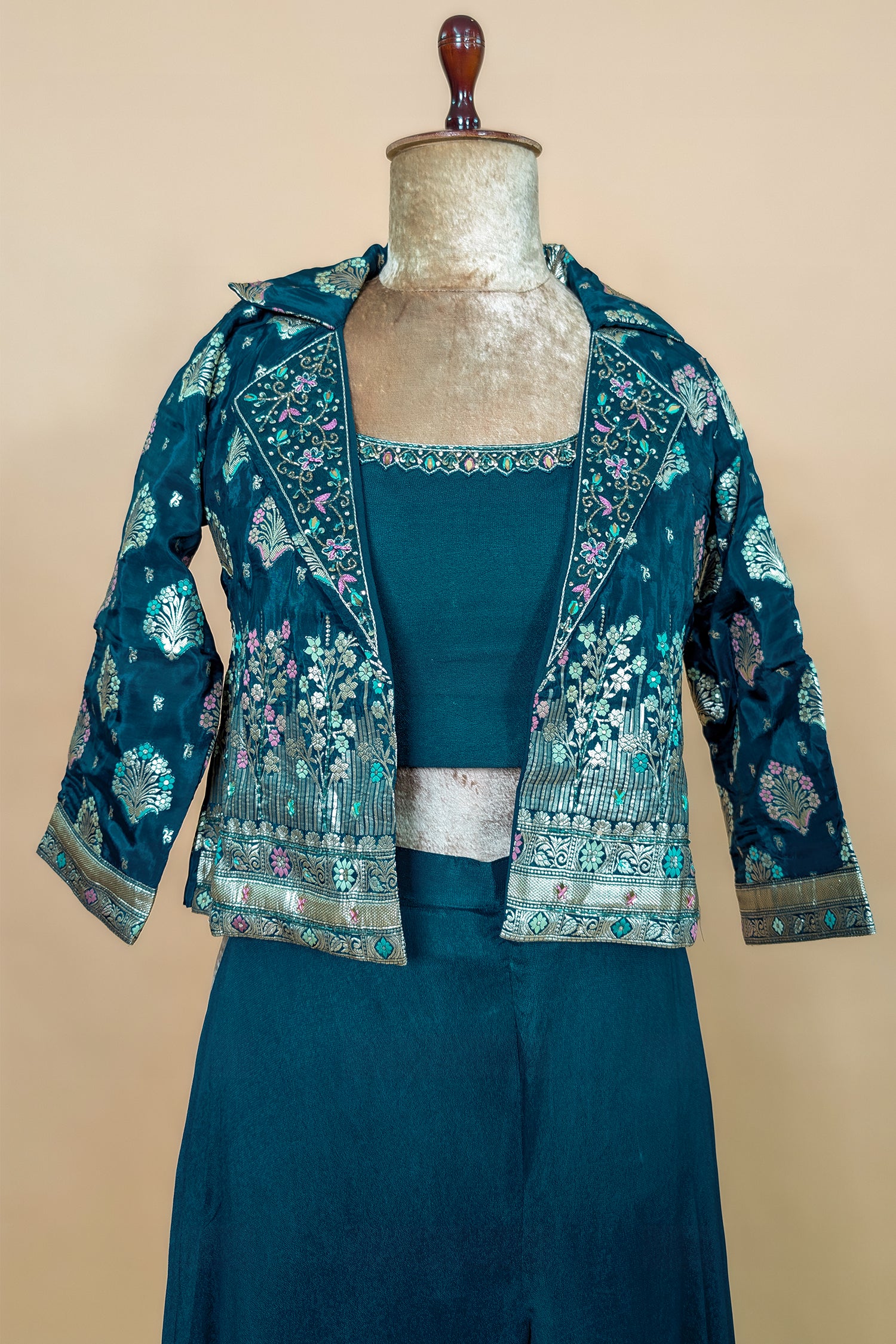 Teal Green Georgette Crop Top Palazzo Set with Woven Jacket