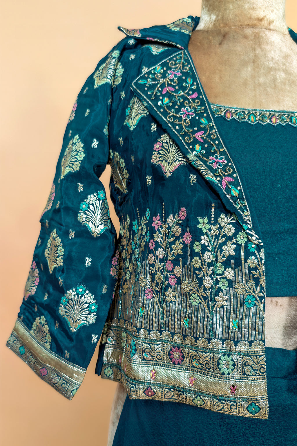 Teal Green Georgette Crop Top Palazzo Set with Woven Jacket