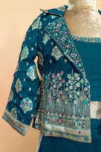 Teal Green Georgette Crop Top Palazzo Set with Woven Jacket