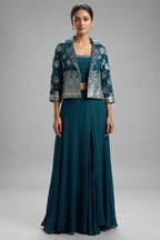 Teal Green Georgette Crop Top Palazzo Set with Woven Jacket