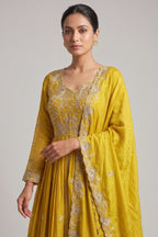 Yellow Chinon Sequinned Slit Cut Lehenga Suit