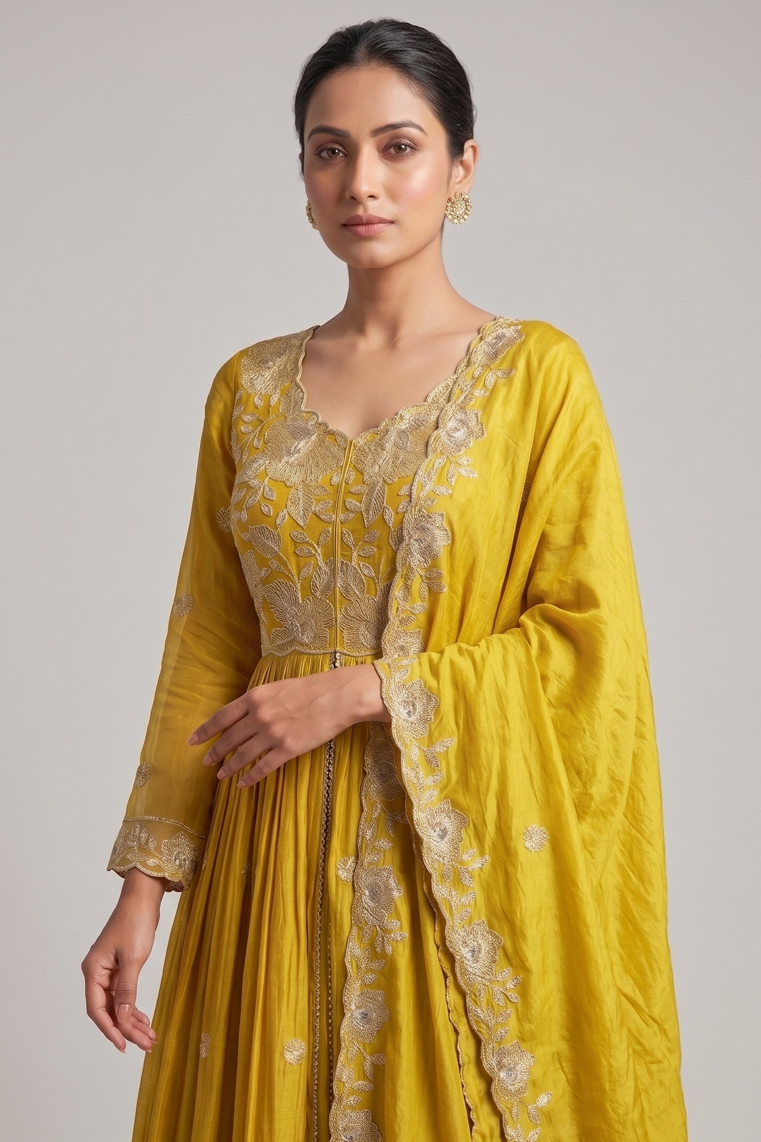 Yellow Chinon Sequinned Slit Cut Lehenga Suit
