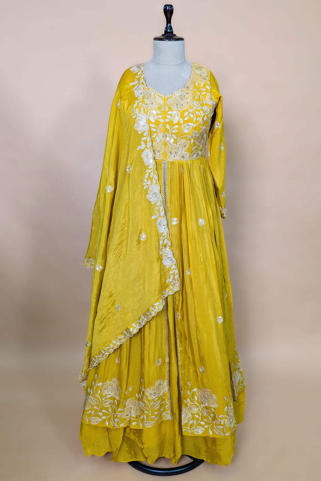 Yellow Chinon Sequinned Slit Cut Lehenga Suit