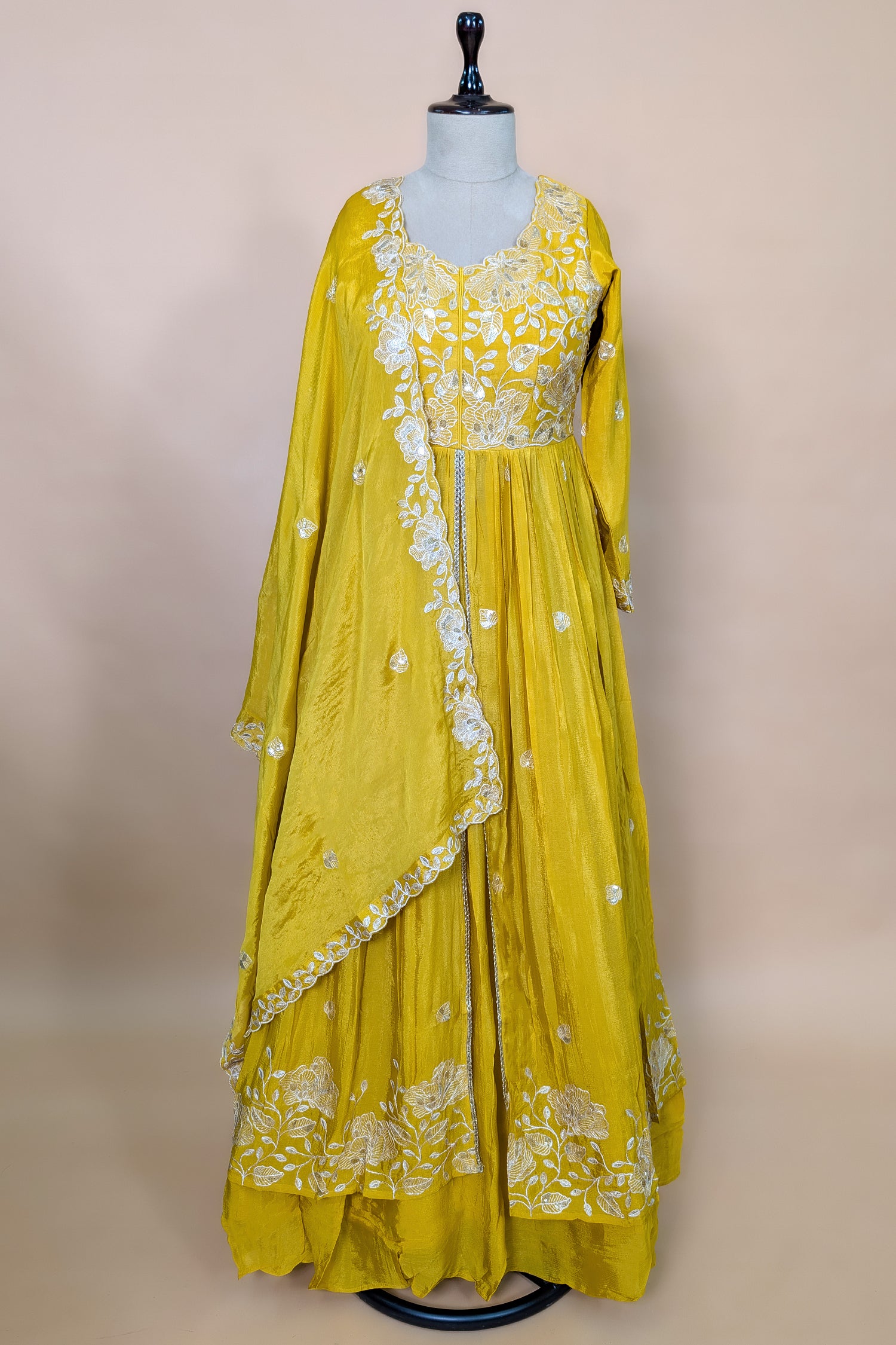Yellow Chinon Sequinned Slit Cut Lehenga Suit