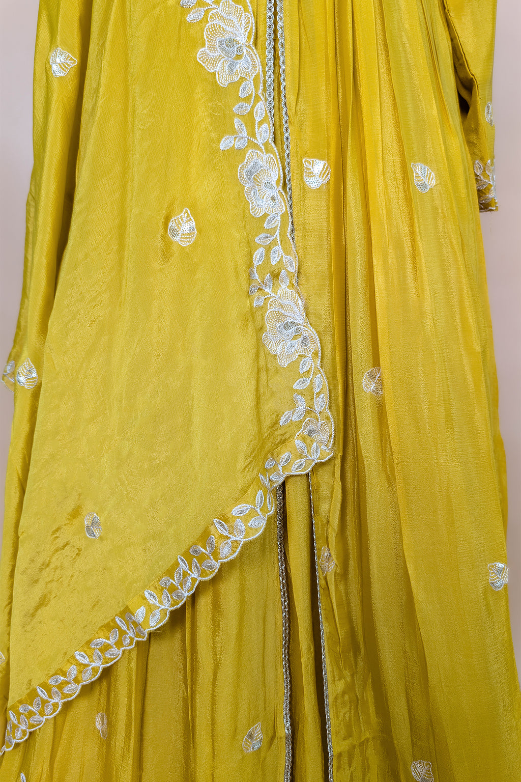 Yellow Chinon Sequinned Slit Cut Lehenga Suit