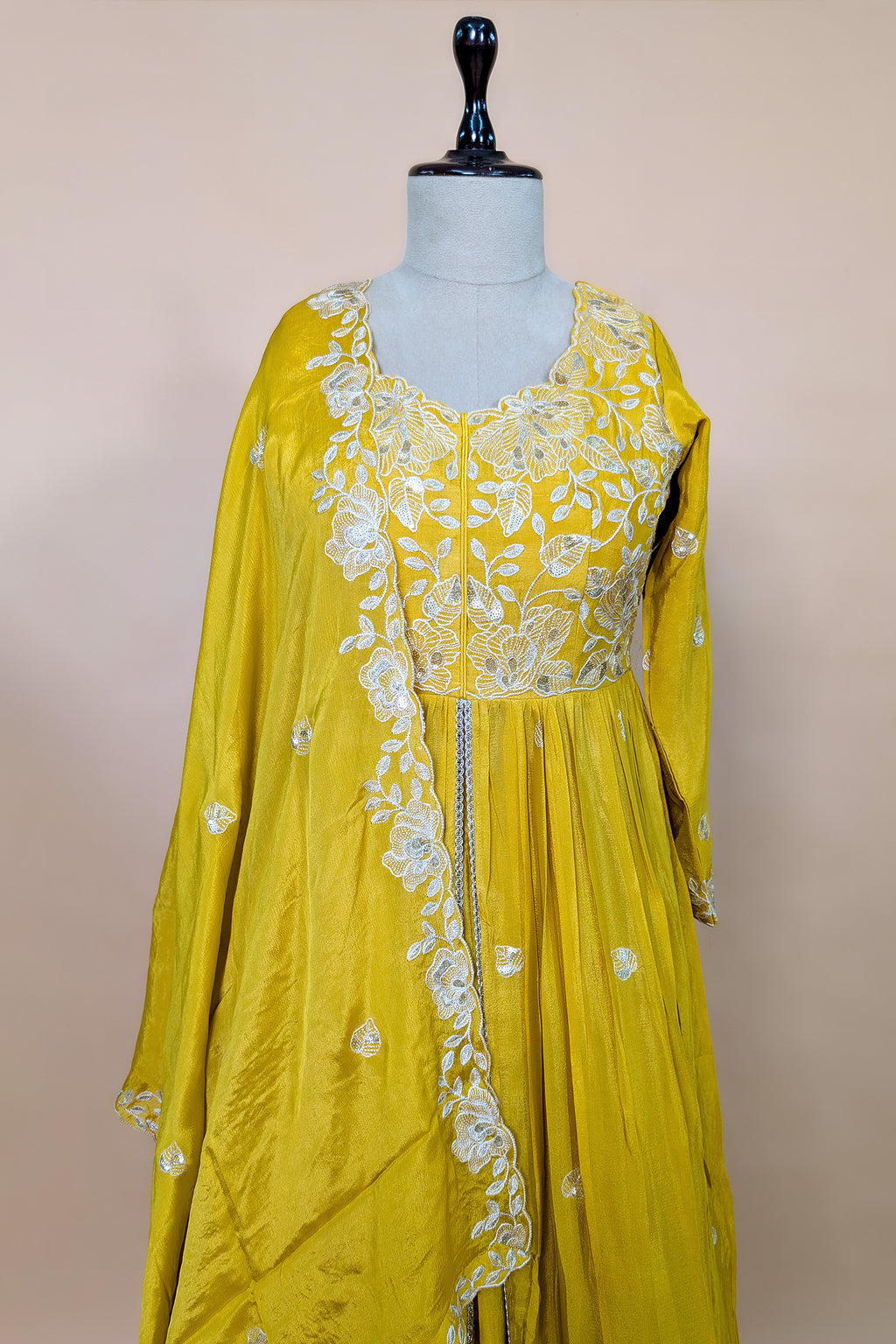 Yellow Chinon Sequinned Slit Cut Lehenga Suit