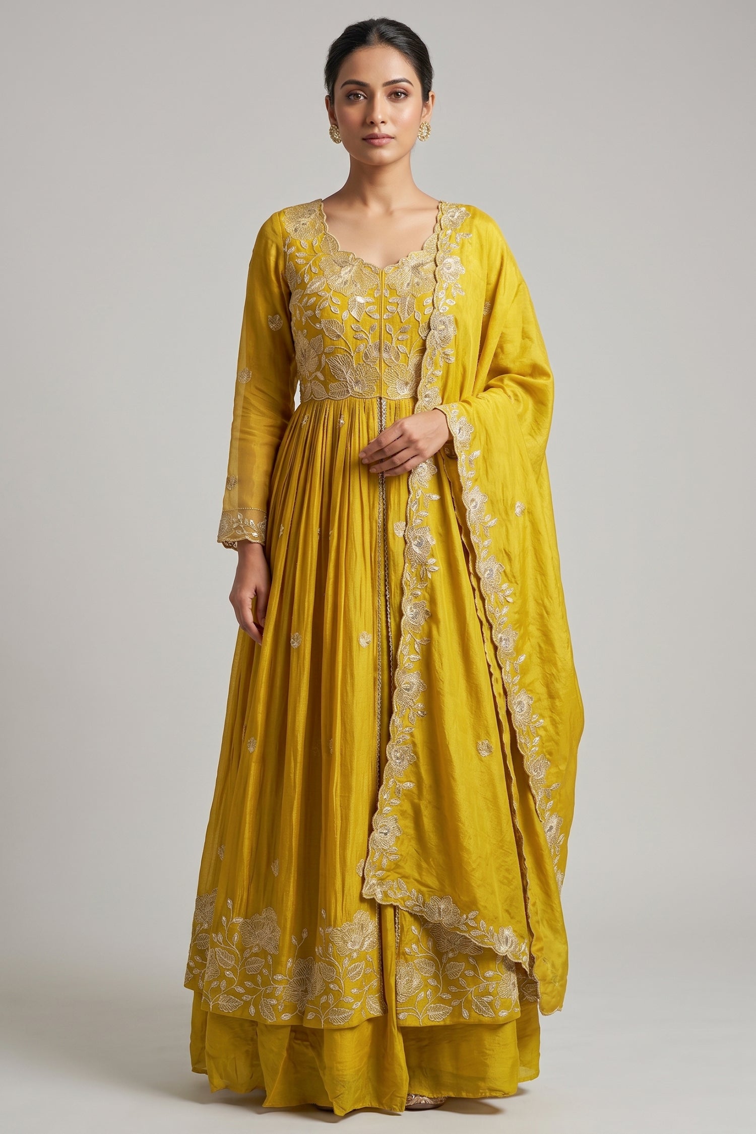 Yellow Chinon Sequinned Slit Cut Lehenga Suit Main image