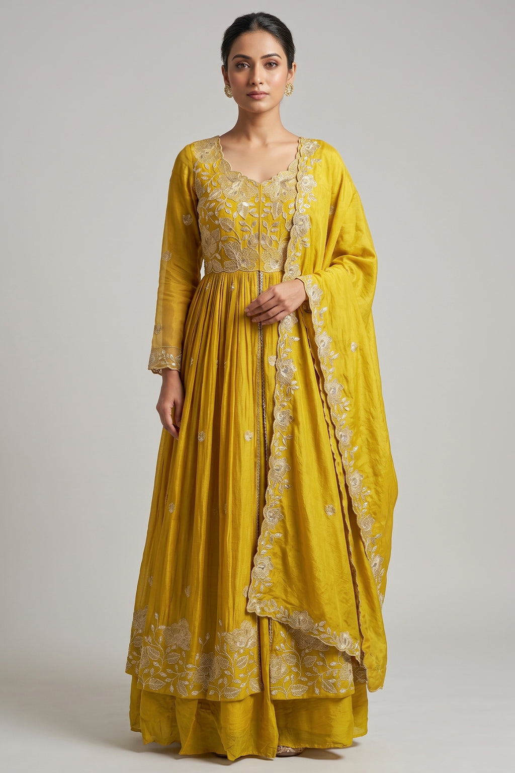Yellow Chinon Sequinned Slit Cut Lehenga Suit