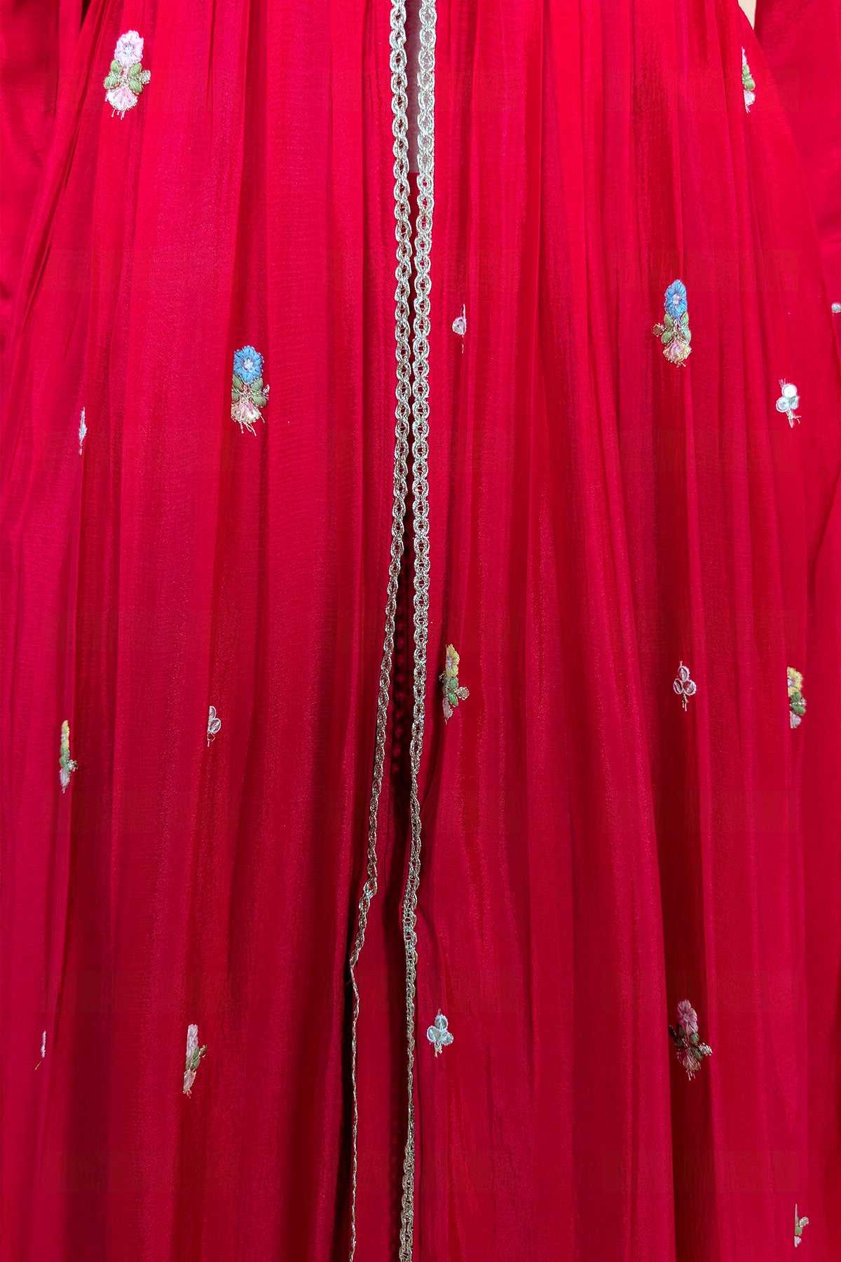 Rani Pink Chiffon Silk Floral Embroidered Slit Cut Lehenga Suit