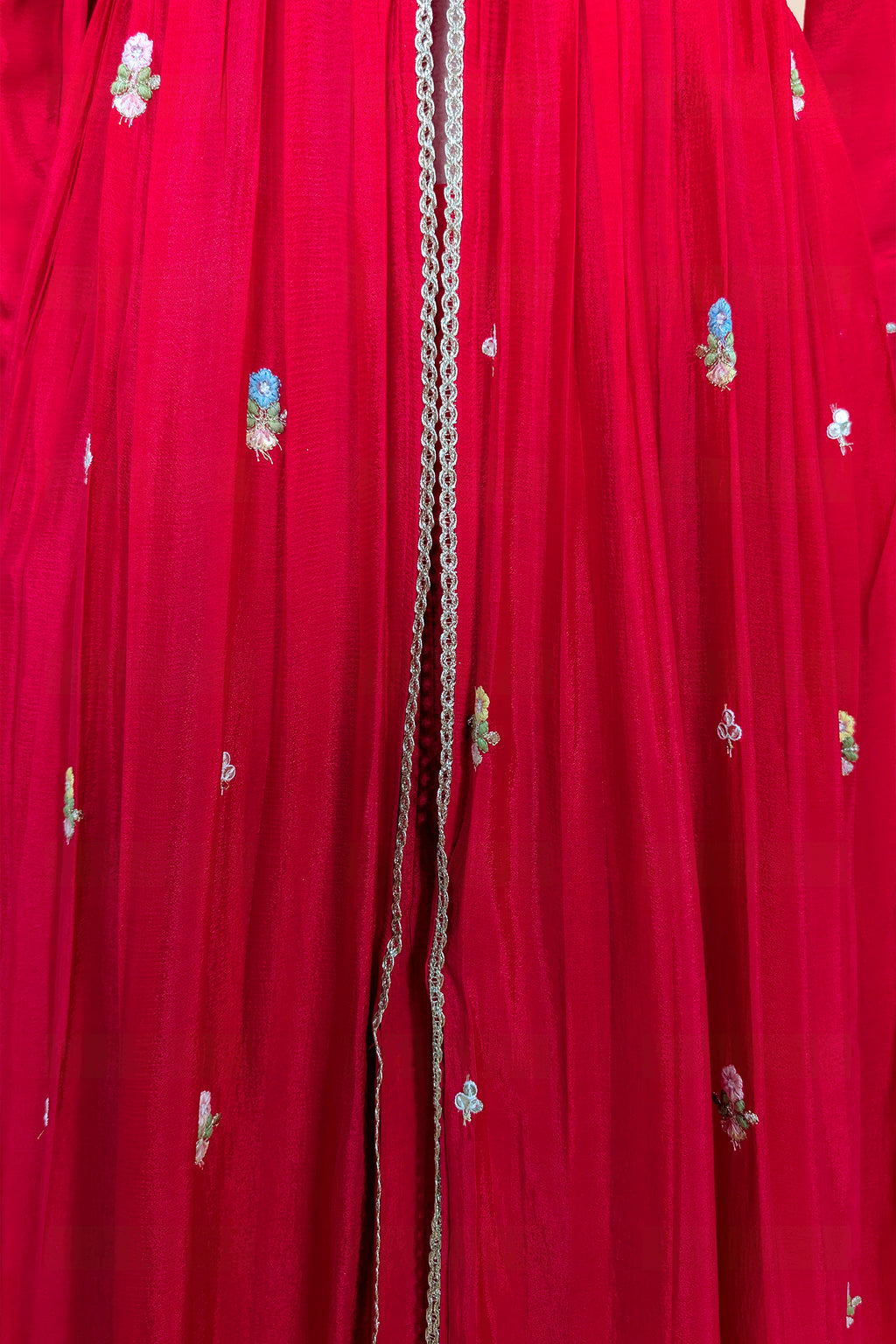 Rani Pink Chiffon Silk Floral Embroidered Slit Cut Lehenga Suit