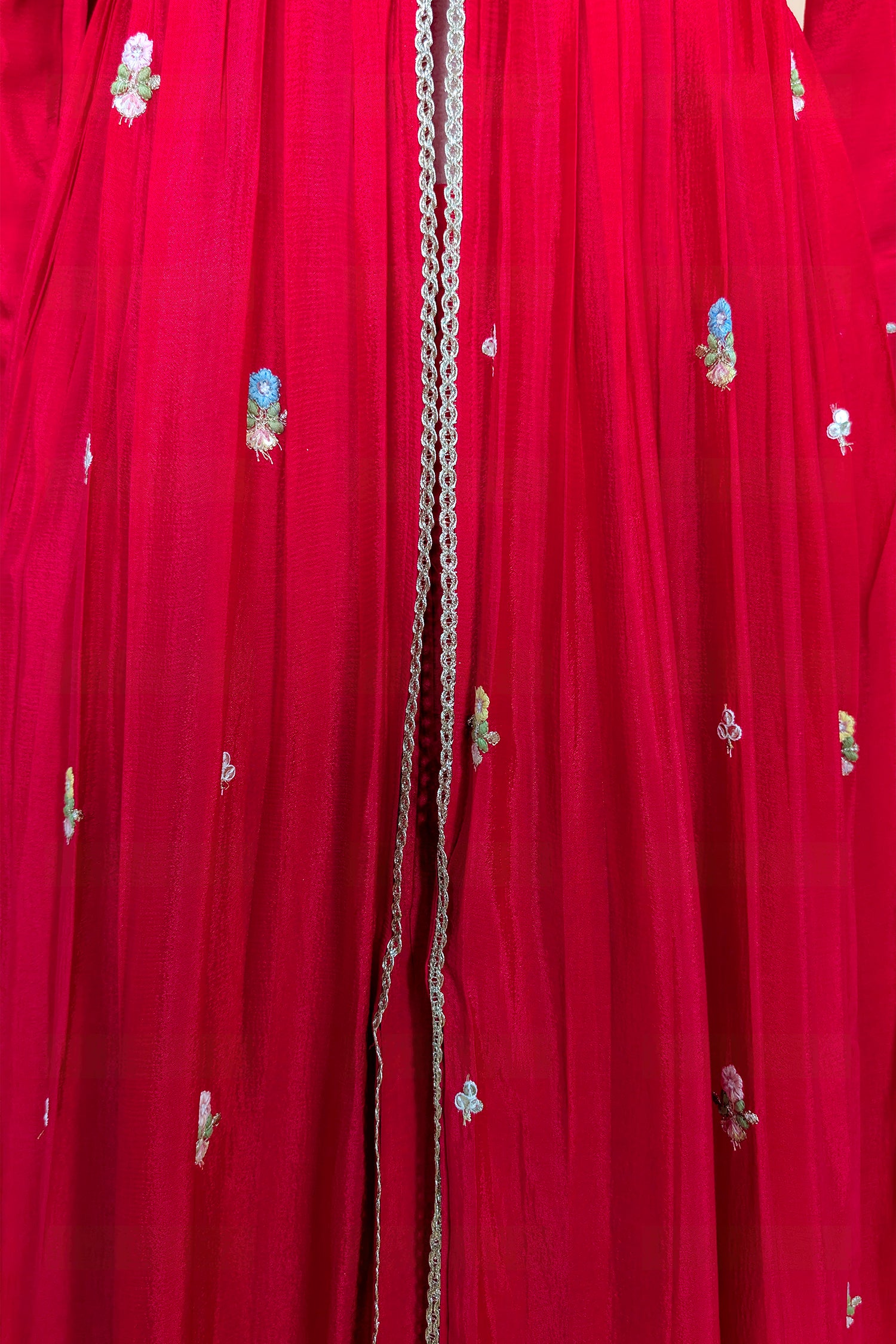 Rani Pink Chiffon Silk Floral Embroidered Slit Cut Lehenga Suit