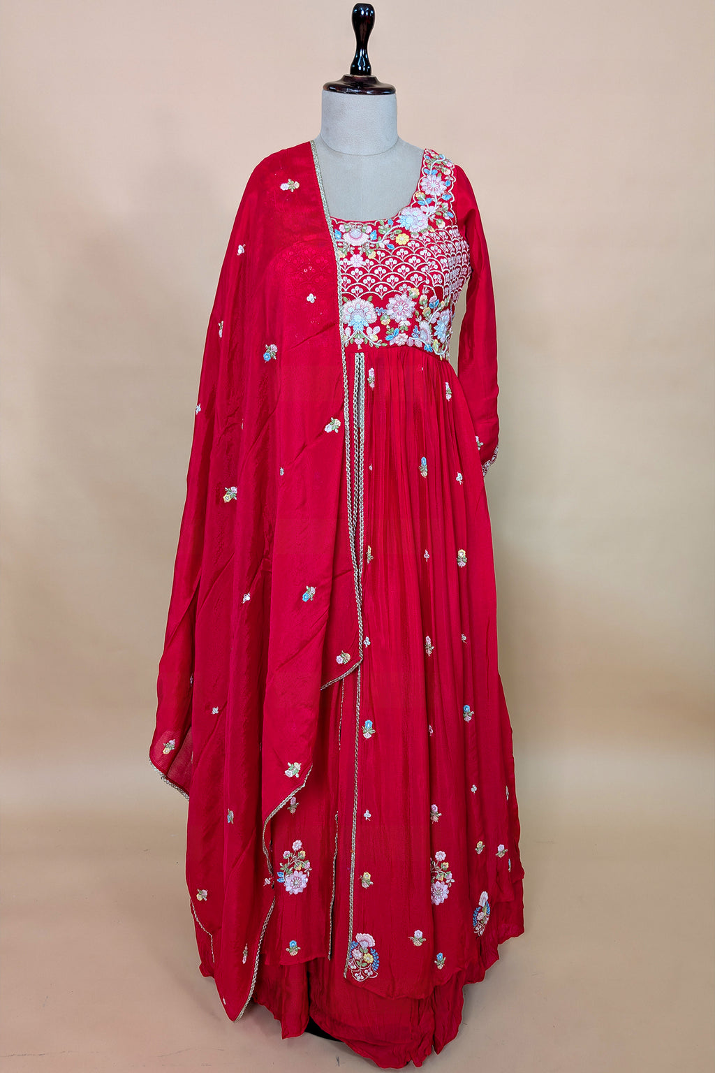 Rani Pink Chiffon Silk Floral Embroidered Slit Cut Lehenga Suit