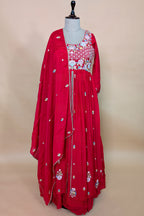 Rani Pink Chiffon Silk Floral Embroidered Slit Cut Lehenga Suit