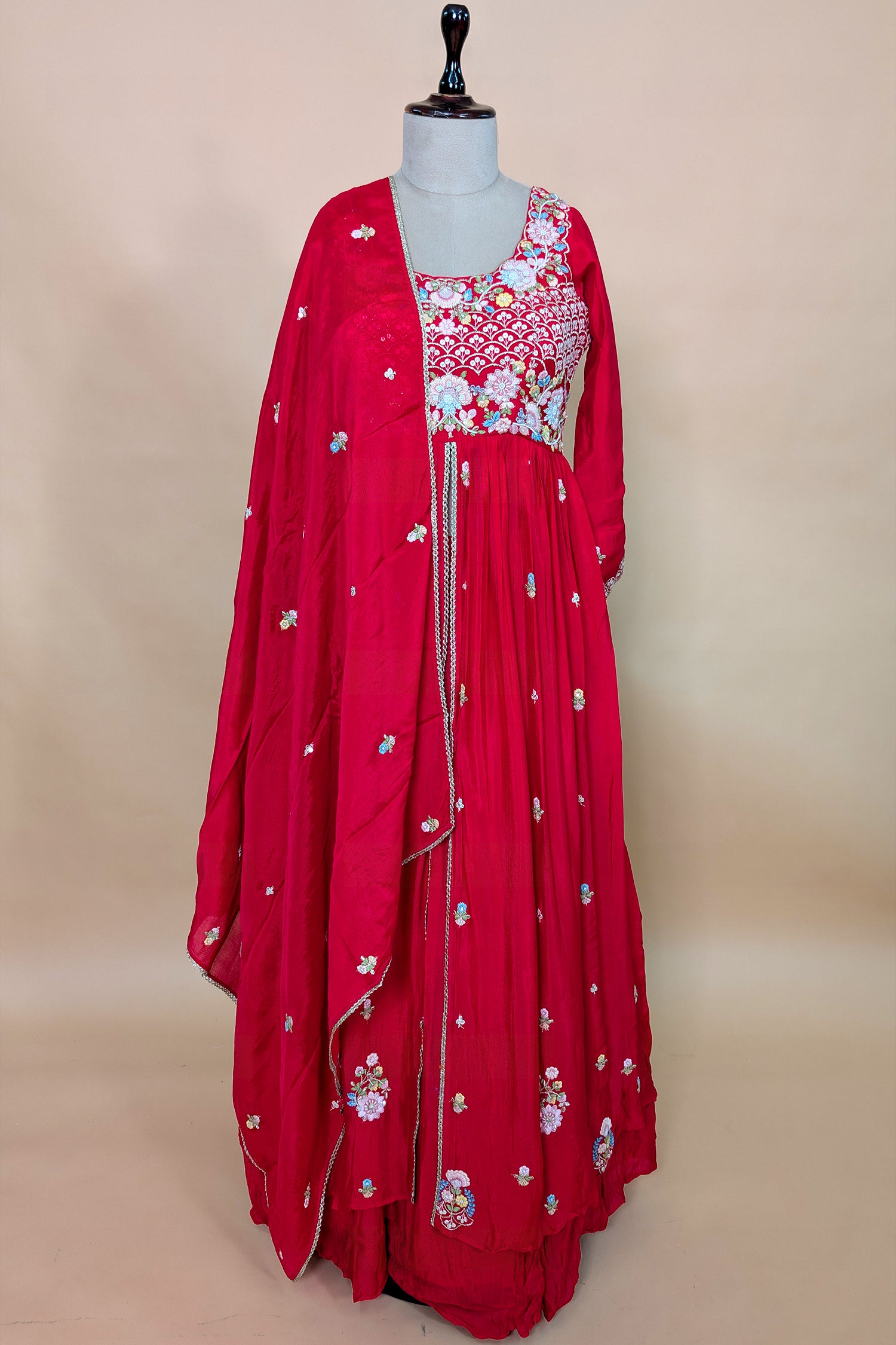Rani Pink Chiffon Silk Floral Embroidered Slit Cut Lehenga Suit