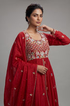 Rani Pink Chiffon Silk Floral Embroidered Slit Cut Lehenga Suit