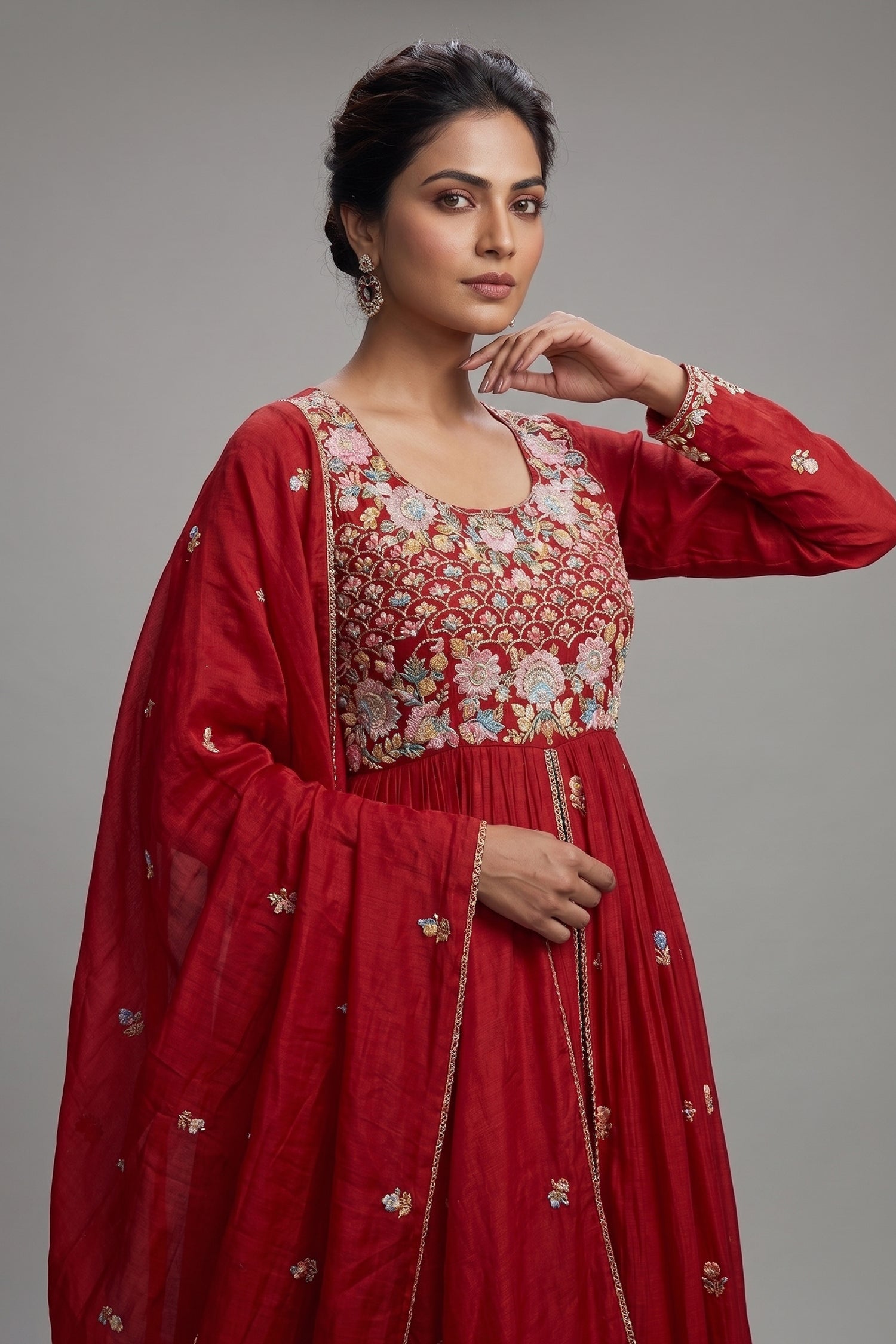 Rani Pink Chiffon Silk Floral Embroidered Slit Cut Lehenga Suit