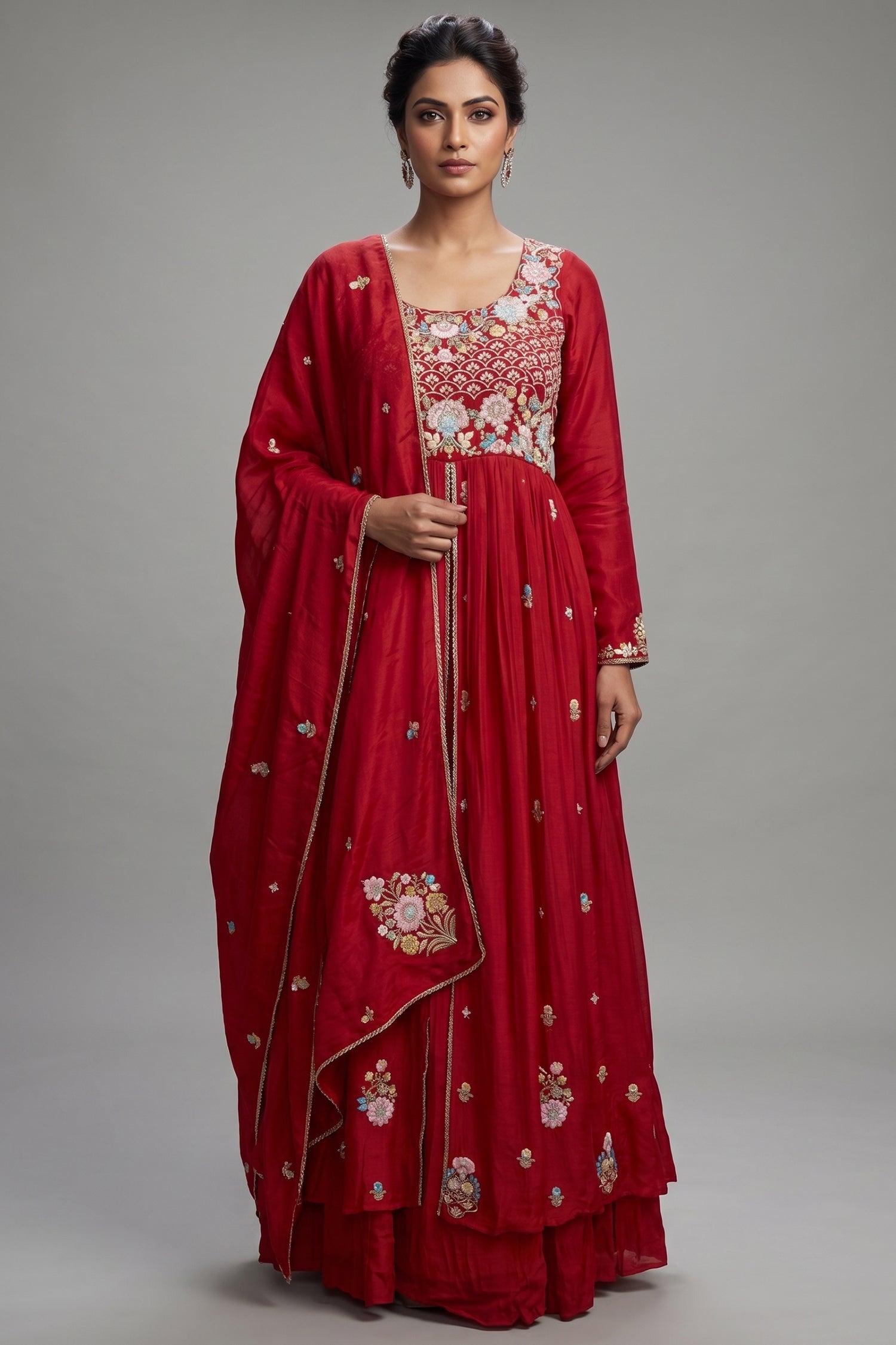 Rani Pink Chiffon Silk Floral Embroidered Slit Cut Lehenga Suit Main image