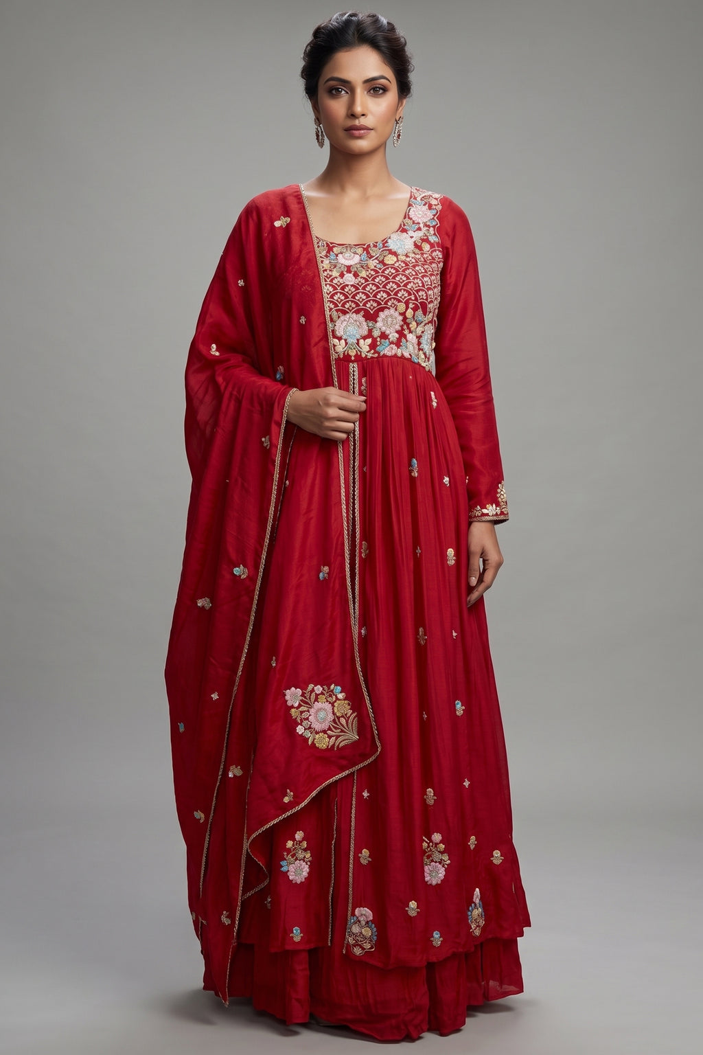 Rani Pink Chiffon Silk Floral Embroidered Slit Cut Lehenga Suit