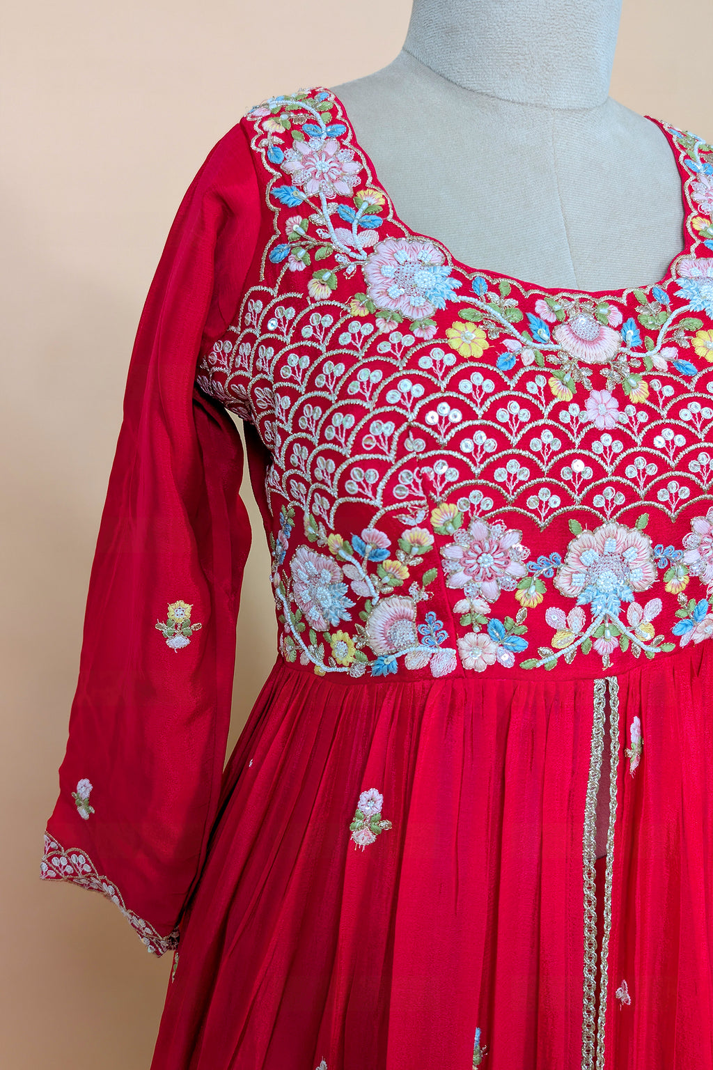 Rani Pink Chiffon Silk Floral Embroidered Slit Cut Lehenga Suit