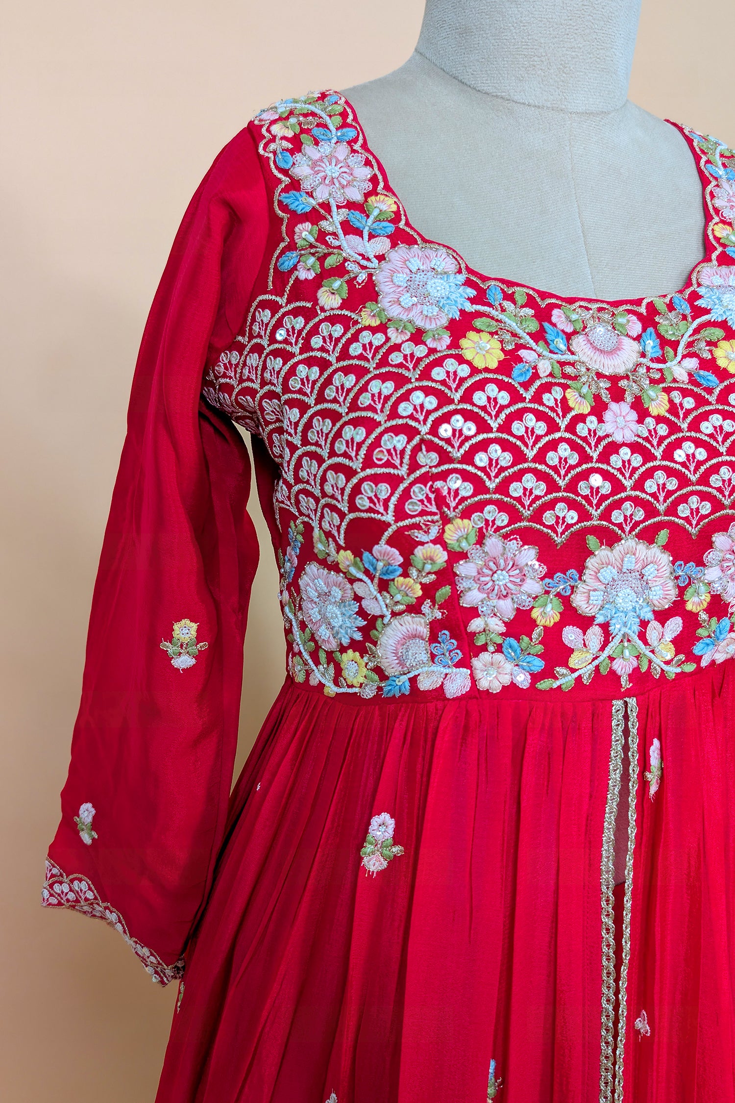 Rani Pink Chiffon Silk Floral Embroidered Slit Cut Lehenga Suit