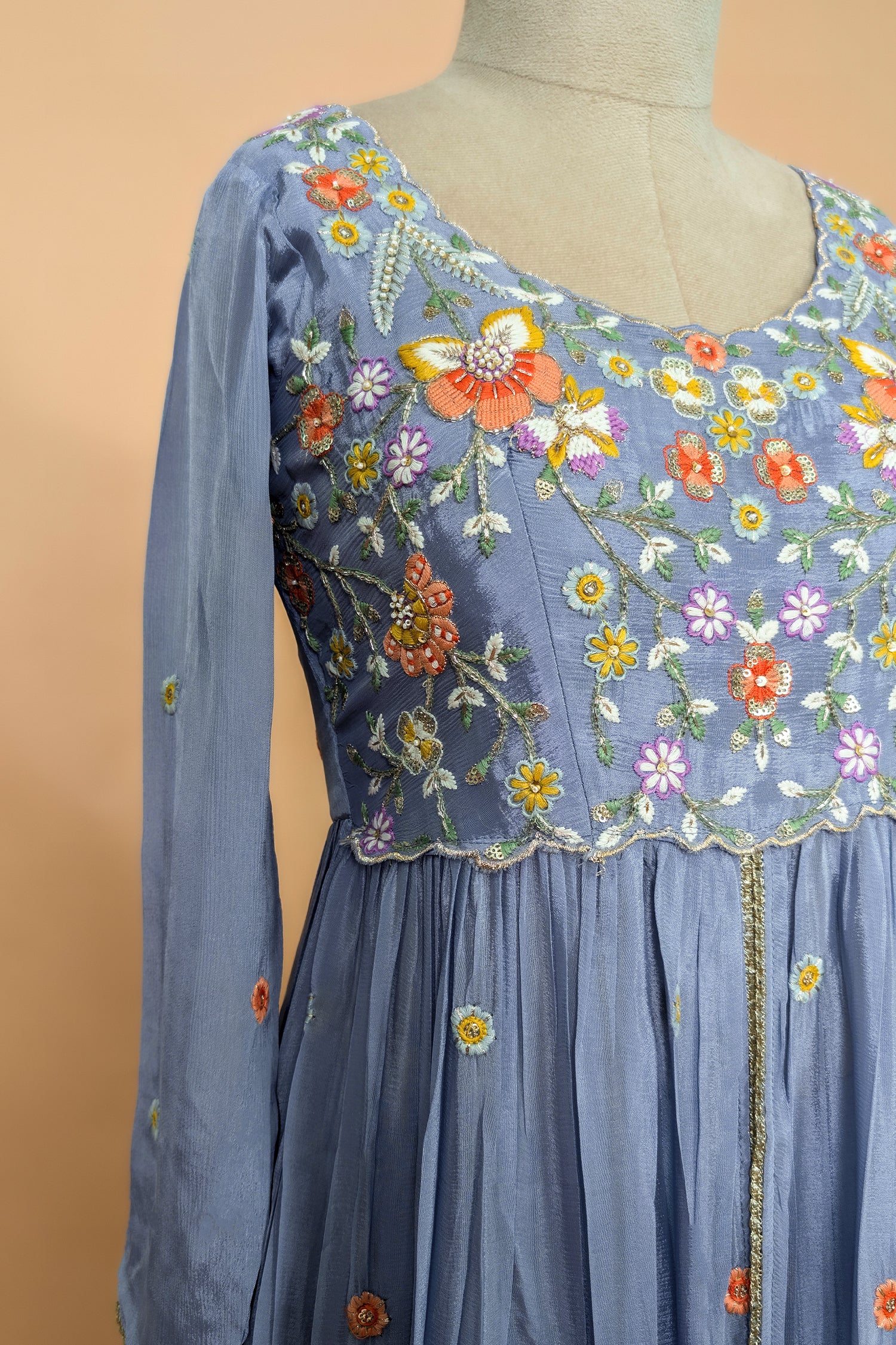 Light Blue Chiffon Silk Floral Embroidered Slit Cut Lehenga Suit
