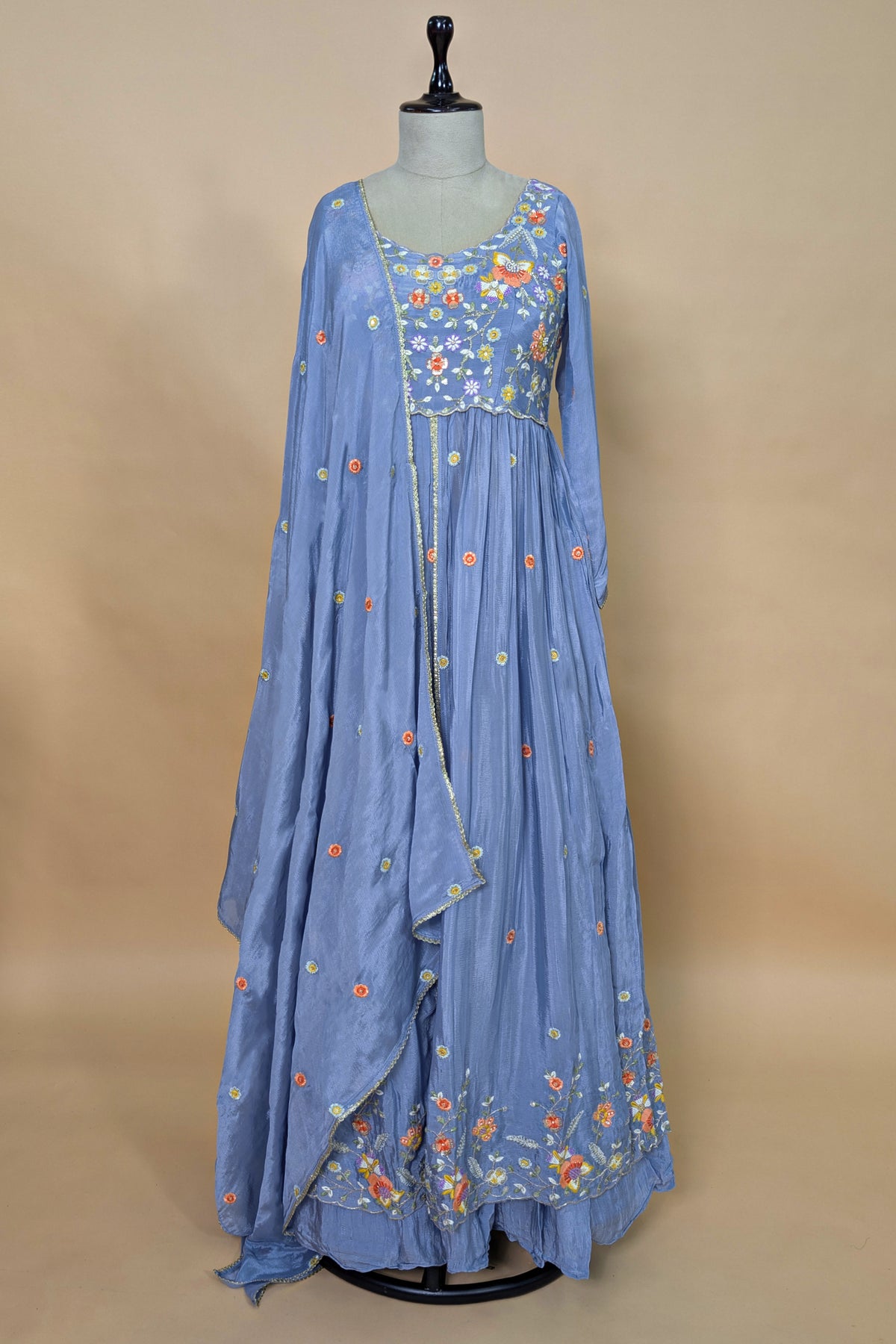 Light Blue Chiffon Silk Floral Embroidered Slit Cut Lehenga Suit