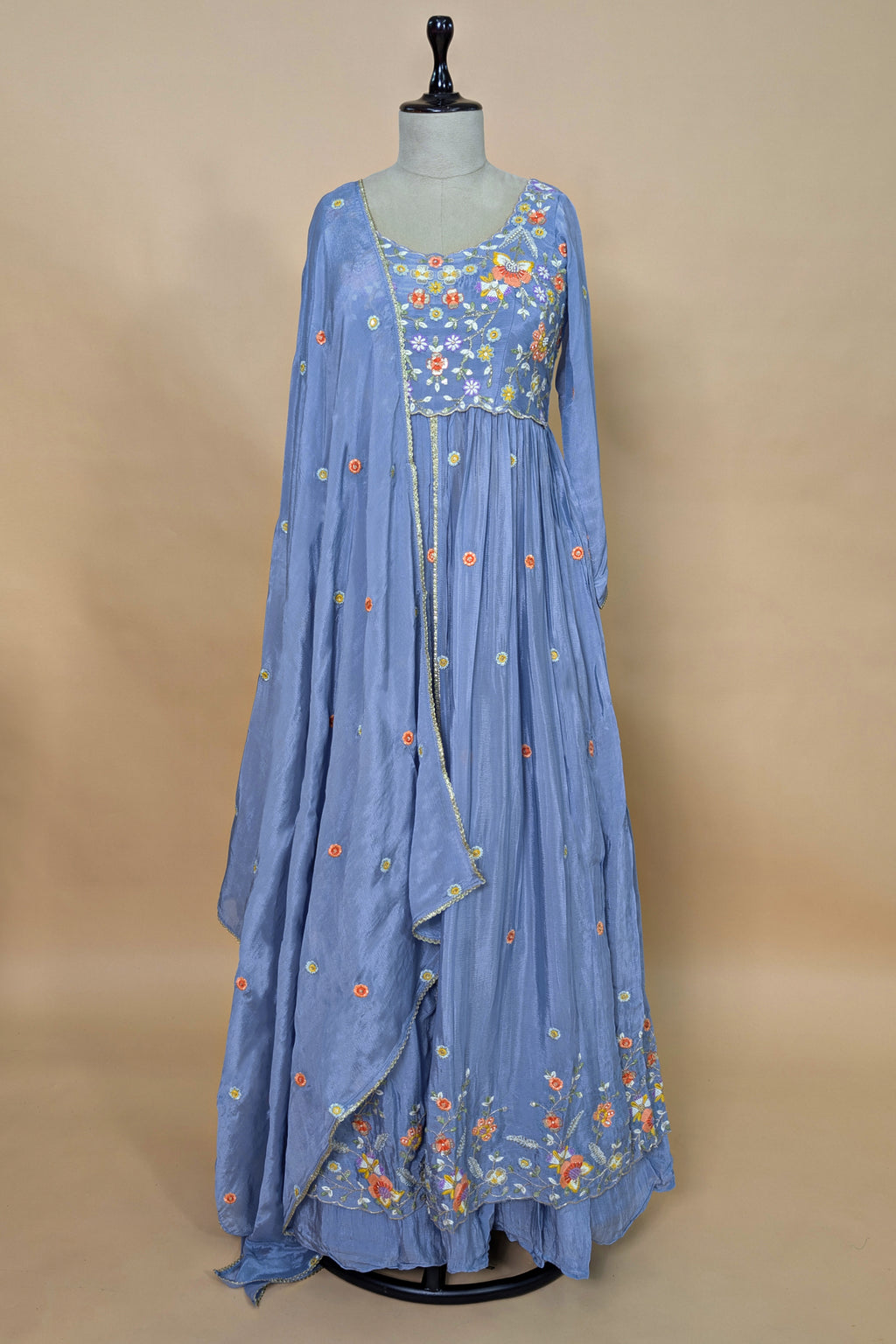 Light Blue Chiffon Silk Floral Embroidered Slit Cut Lehenga Suit