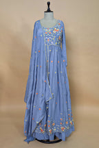 Light Blue Chiffon Silk Floral Embroidered Slit Cut Lehenga Suit