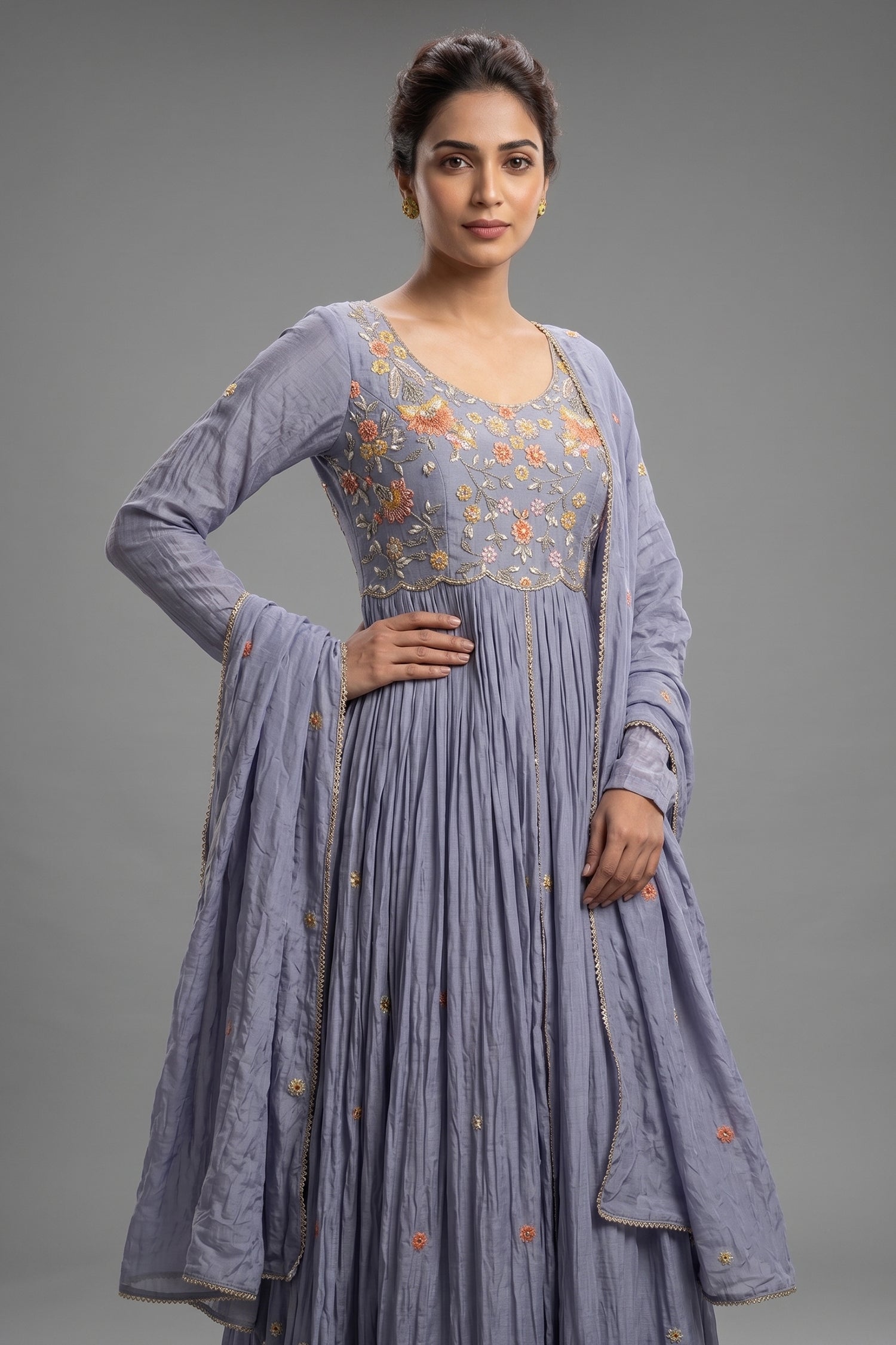 Light Blue Chiffon Silk Floral Embroidered Slit Cut Lehenga Suit Secondary image