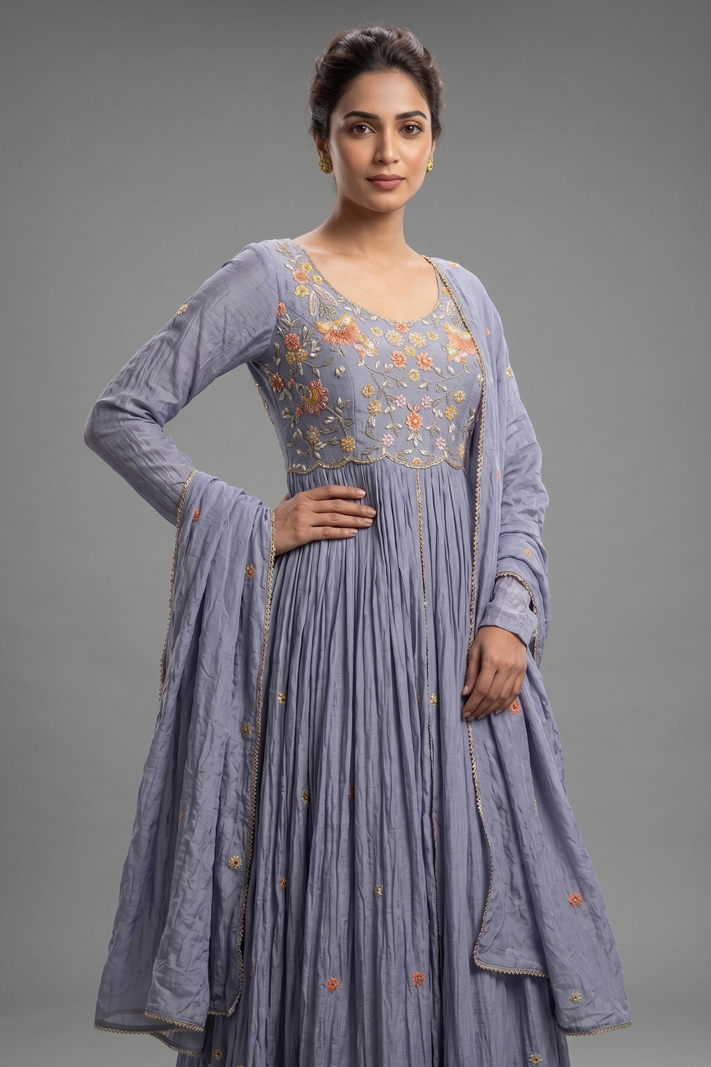 Light Blue Chiffon Silk Floral Embroidered Slit Cut Lehenga Suit