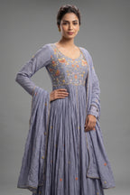 Light Blue Chiffon Silk Floral Embroidered Slit Cut Lehenga Suit