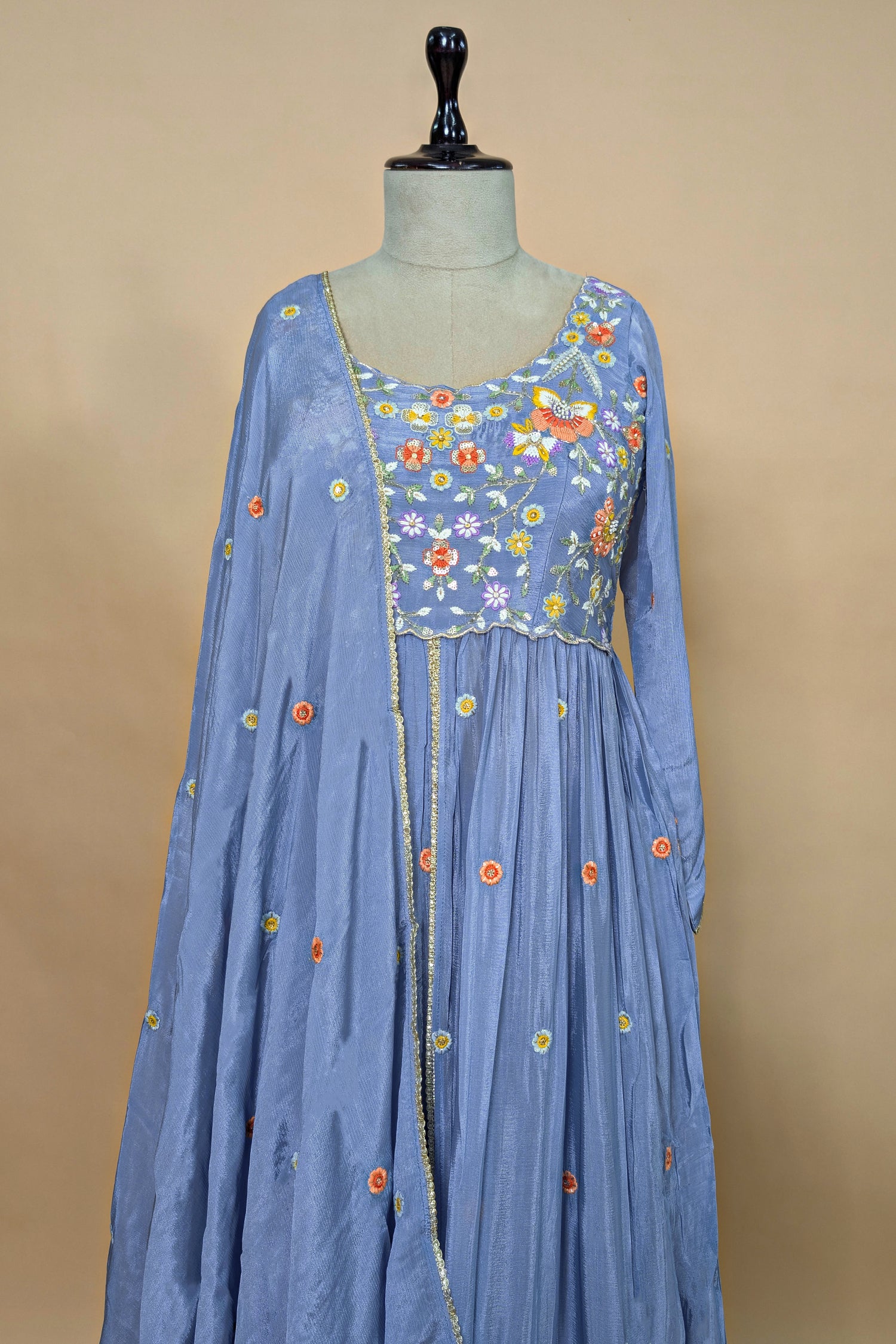 Light Blue Chiffon Silk Floral Embroidered Slit Cut Lehenga Suit