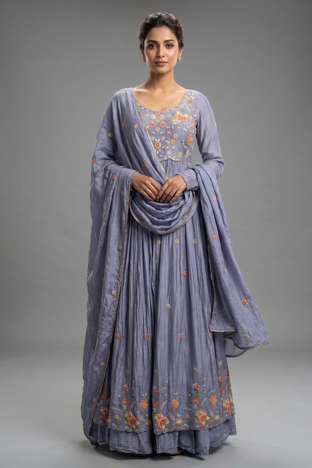Light Blue Chiffon Silk Floral Embroidered Slit Cut Lehenga Suit