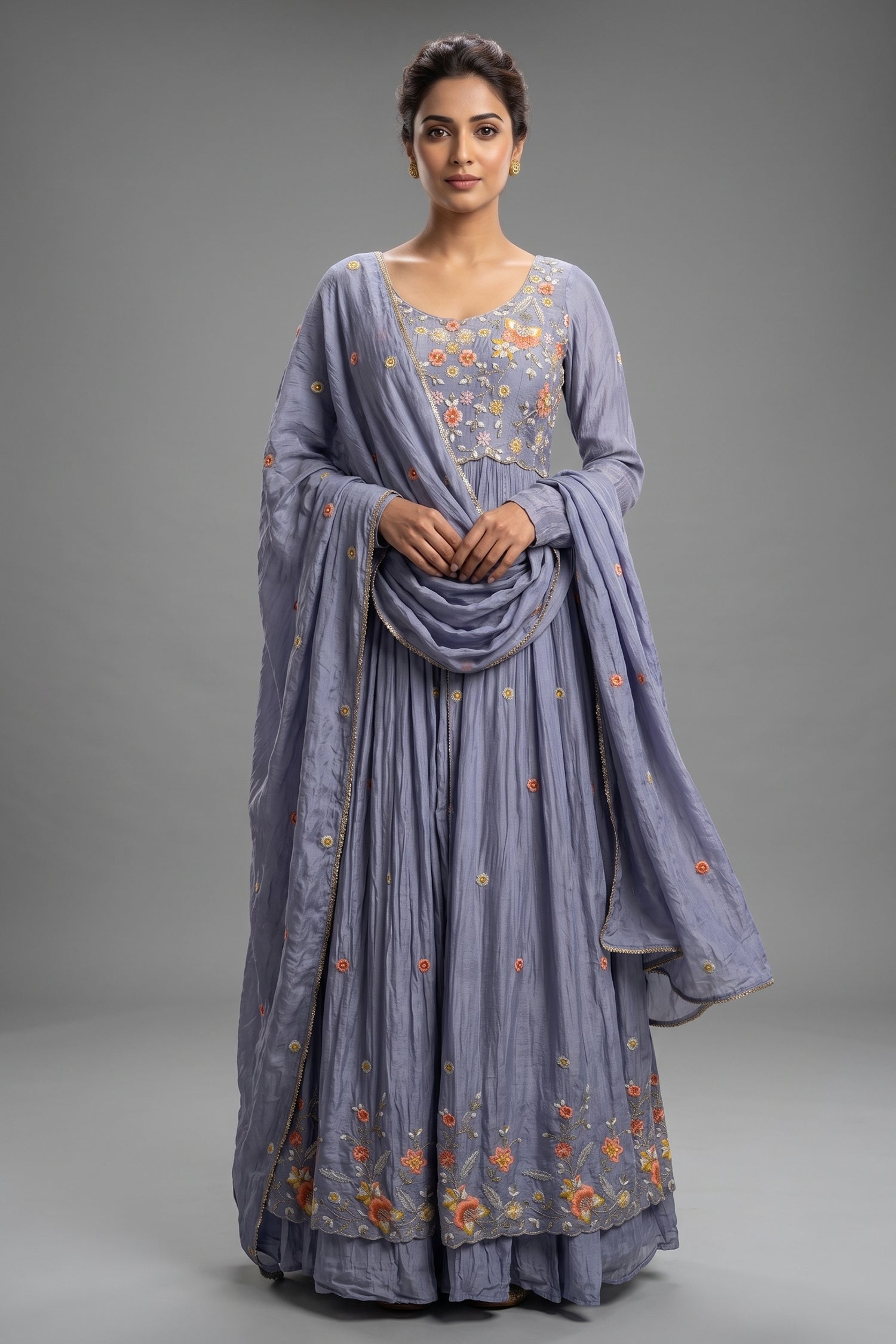 Light Blue Chiffon Silk Floral Embroidered Slit Cut Lehenga Suit