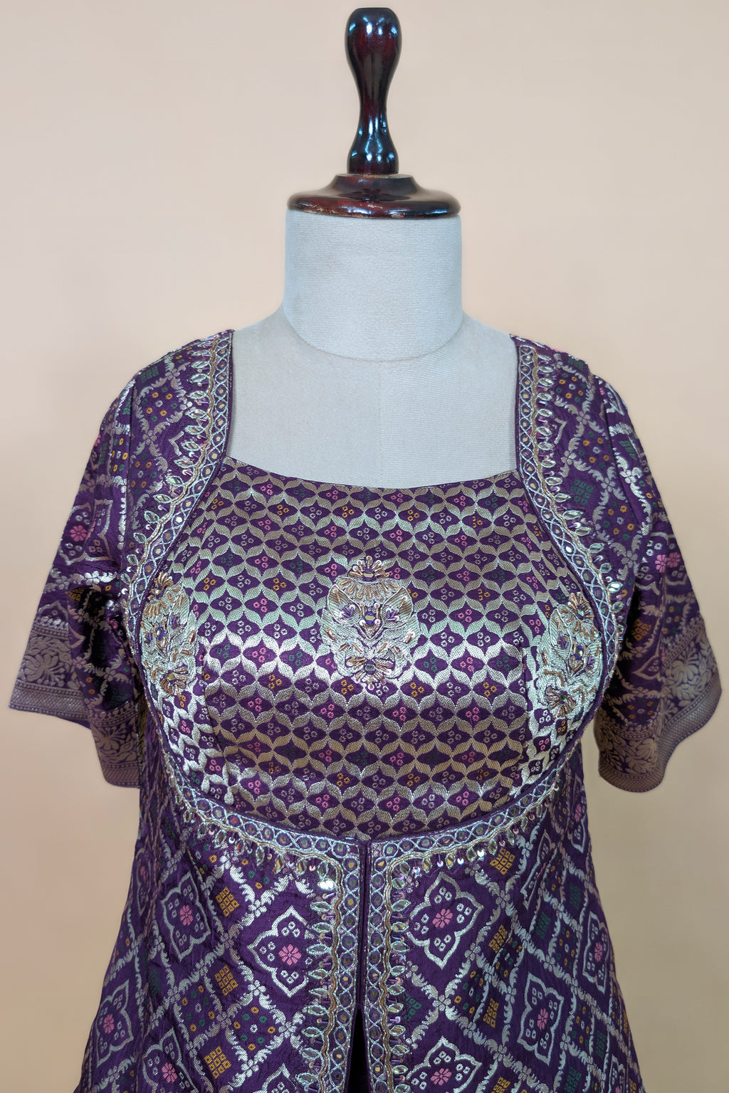Wine Art Silk Bandhej Woven Slit Cut Lehenga Suit