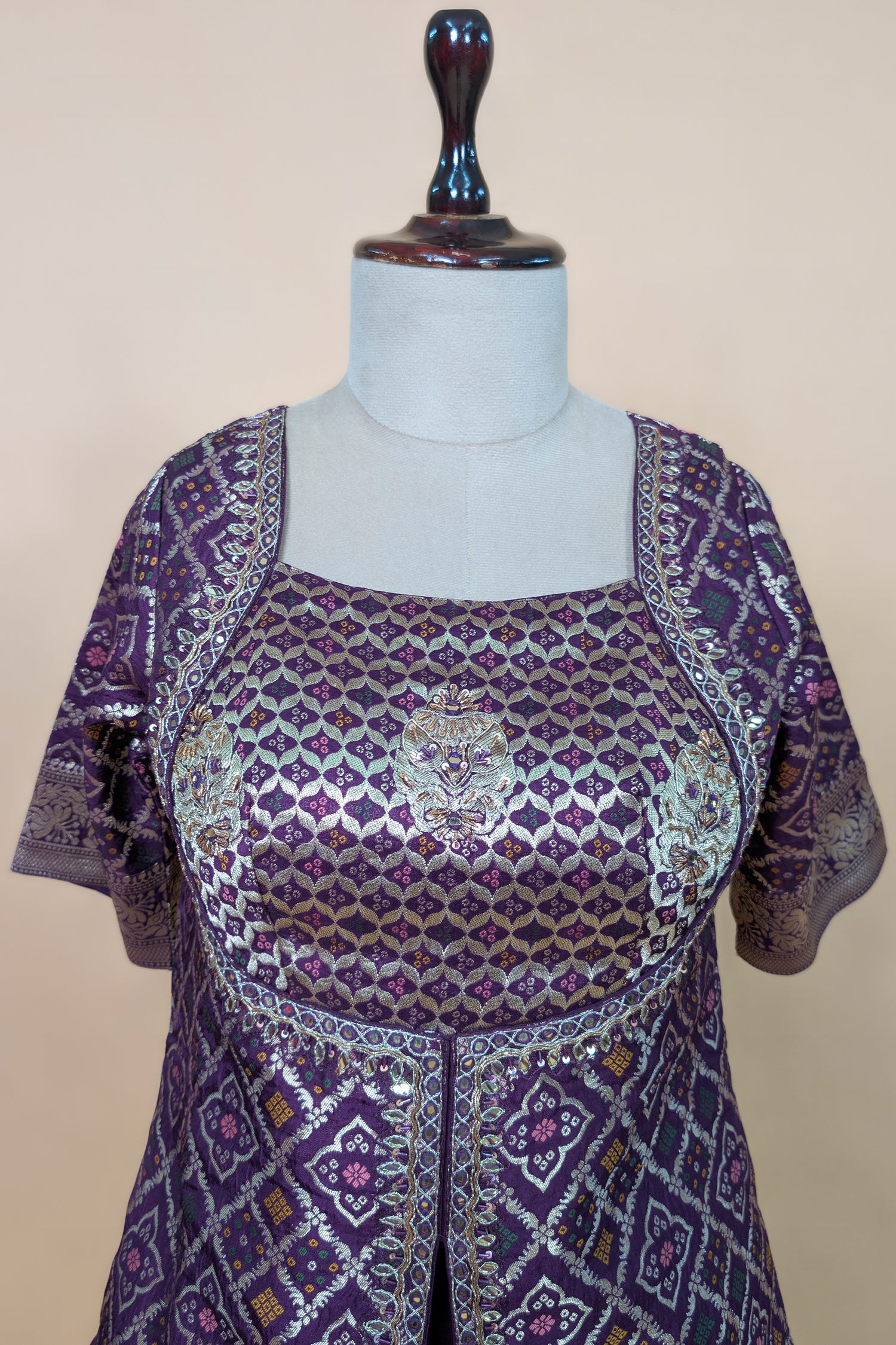 Wine Art Silk Bandhej Woven Slit Cut Lehenga Suit