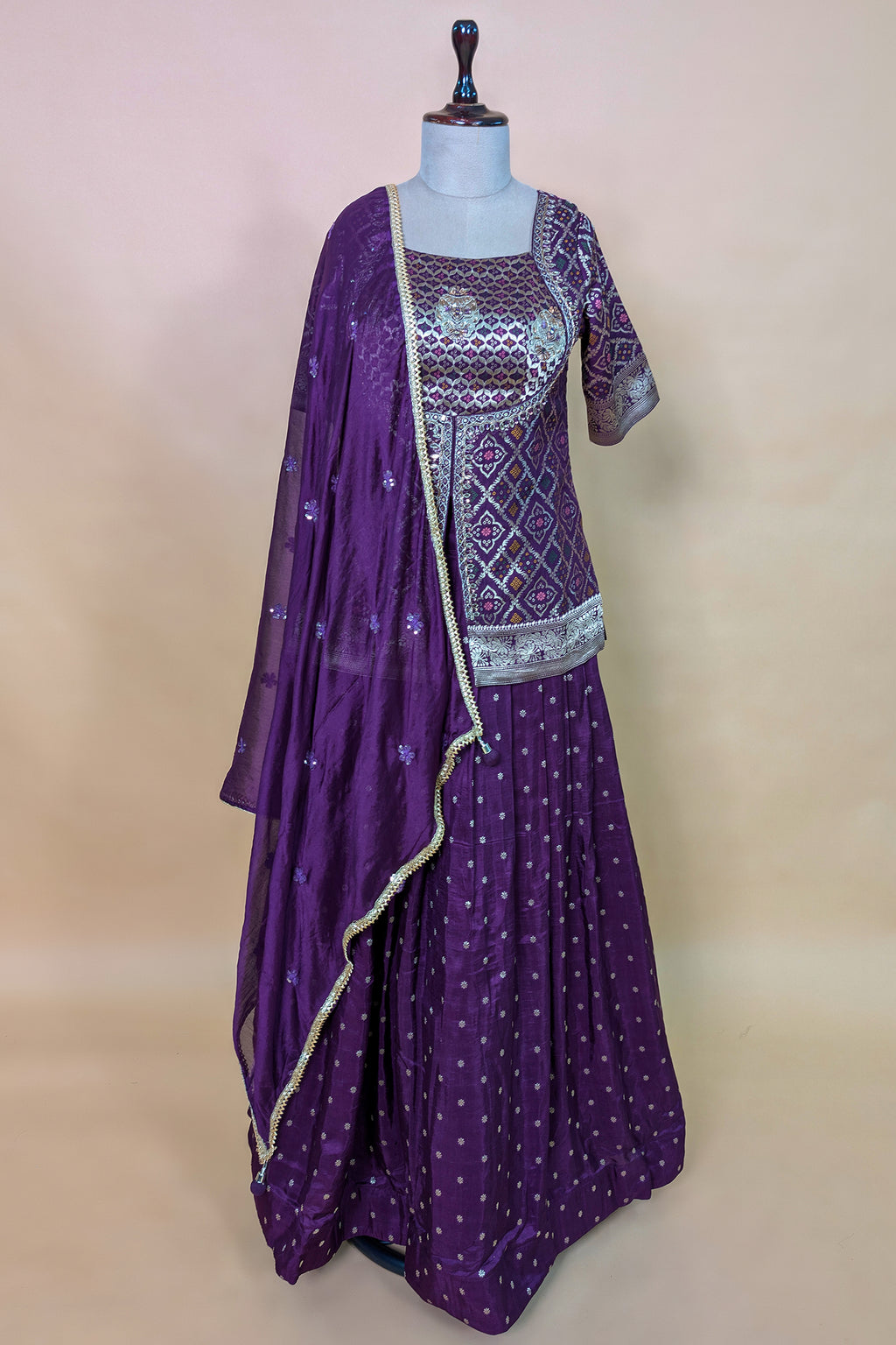 Wine Art Silk Bandhej Woven Slit Cut Lehenga Suit