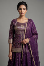 Wine Art Silk Bandhej Woven Slit Cut Lehenga Suit