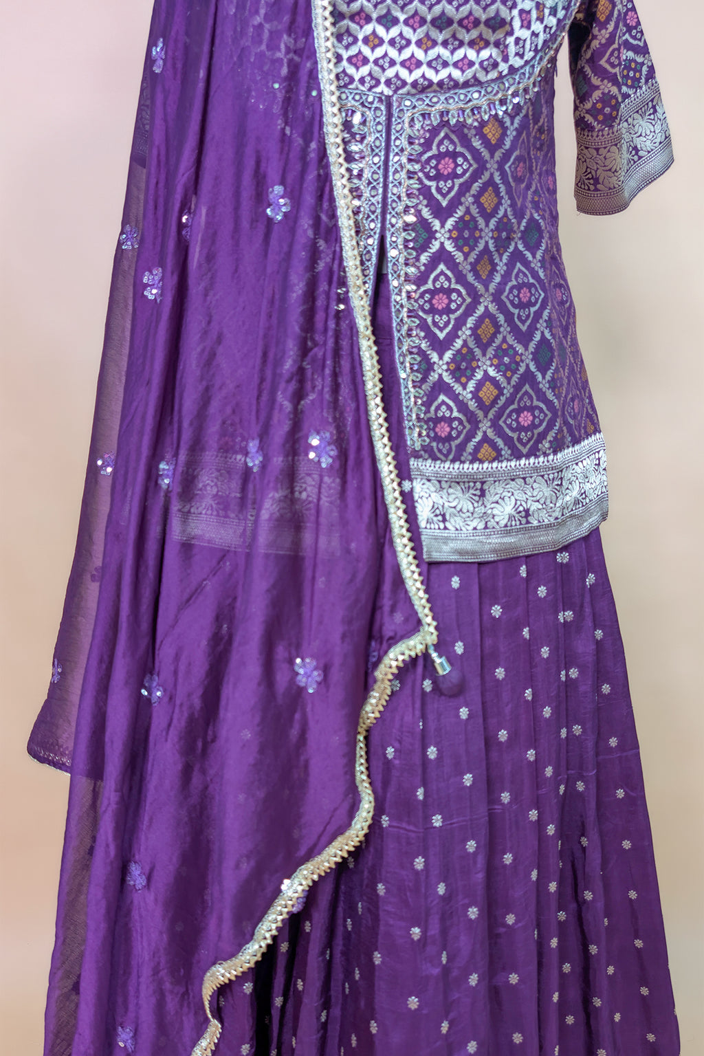 Wine Art Silk Bandhej Woven Slit Cut Lehenga Suit