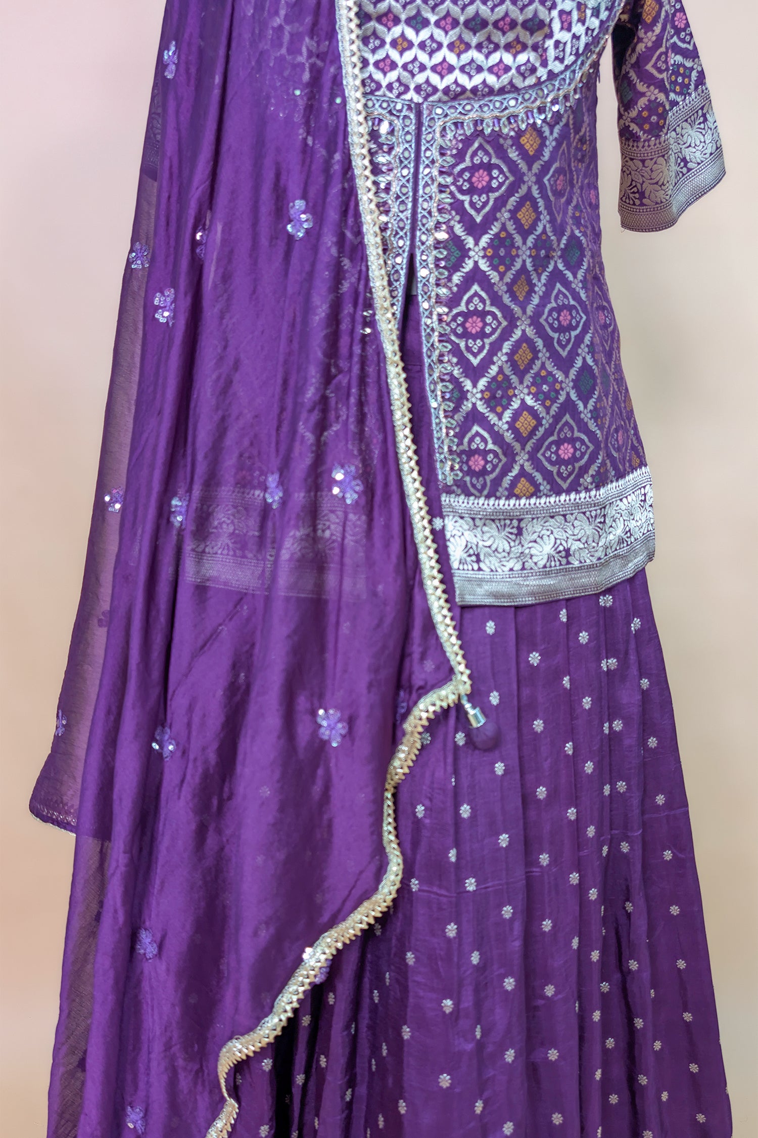 Wine Art Silk Bandhej Woven Slit Cut Lehenga Suit