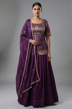 Wine Art Silk Bandhej Woven Slit Cut Lehenga Suit