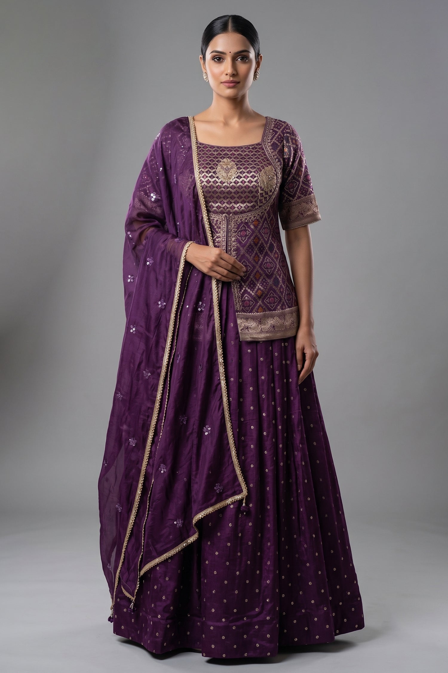 Wine Art Silk Bandhej Woven Slit Cut Lehenga Suit