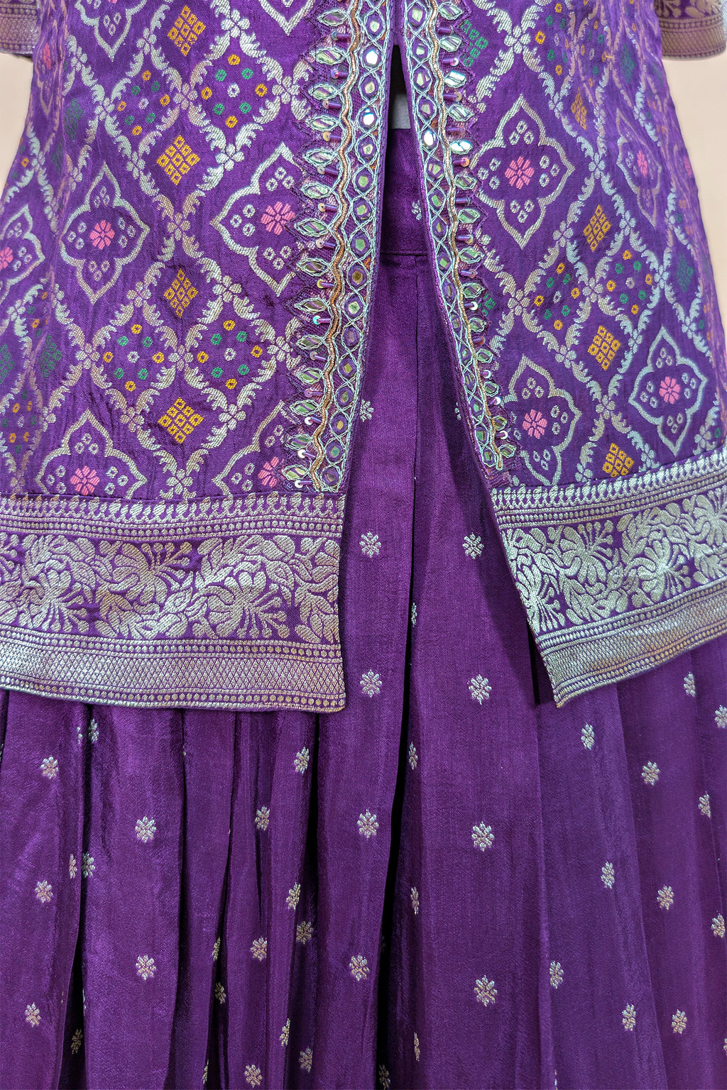 Wine Art Silk Bandhej Woven Slit Cut Lehenga Suit