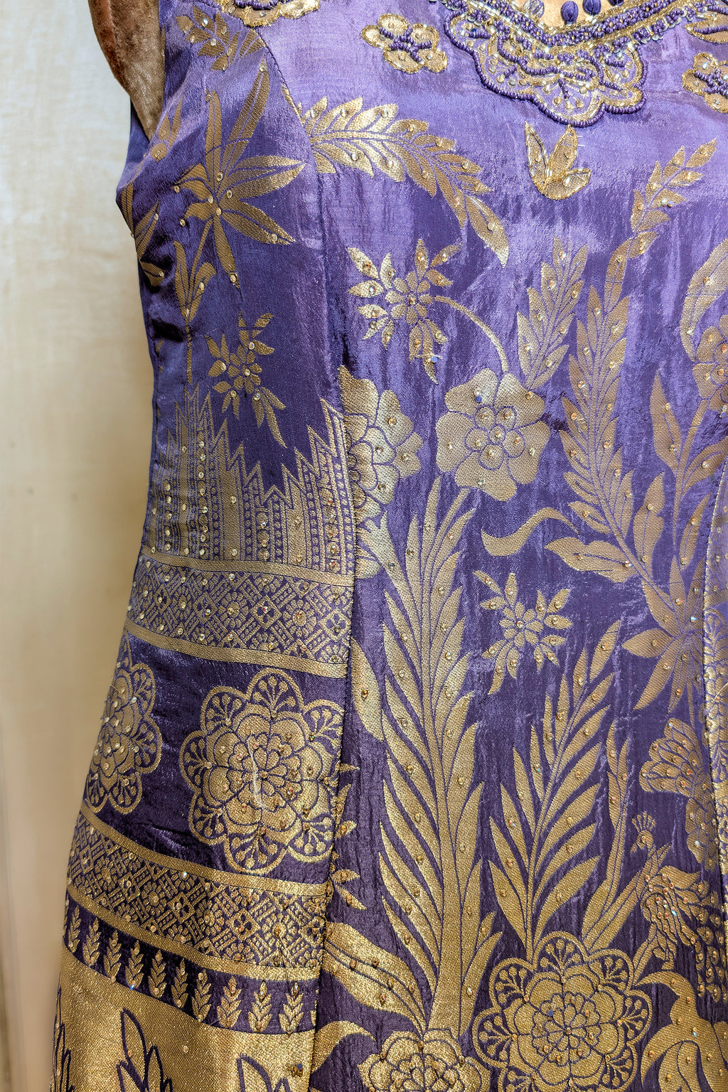 Lilac Chinon Silk Woven Palazzo Suit with Stone Work