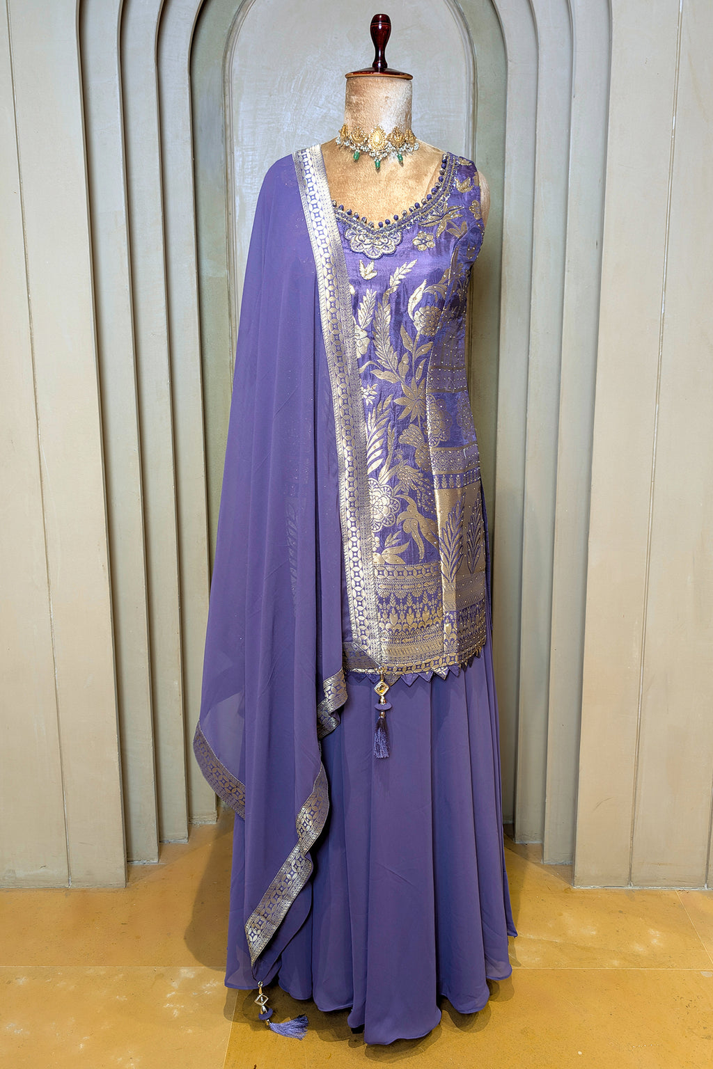 Lilac Chinon Silk Woven Palazzo Suit with Stone Work