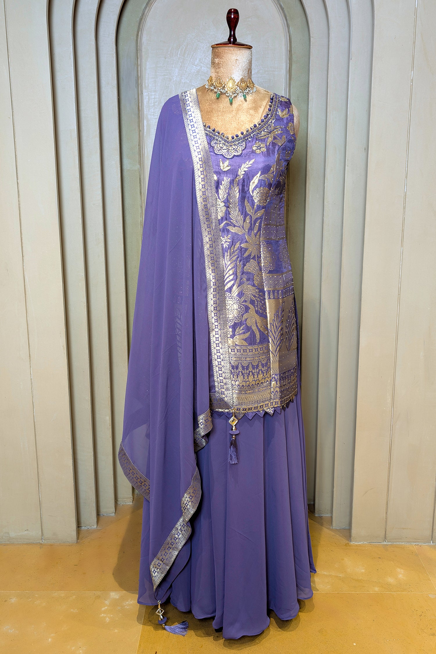 Lilac Chinon Silk Woven Palazzo Suit with Stone Work