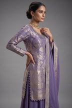 Lilac Chinon Silk Woven Palazzo Suit with Stone Work