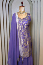 Lilac Chinon Silk Woven Palazzo Suit with Stone Work