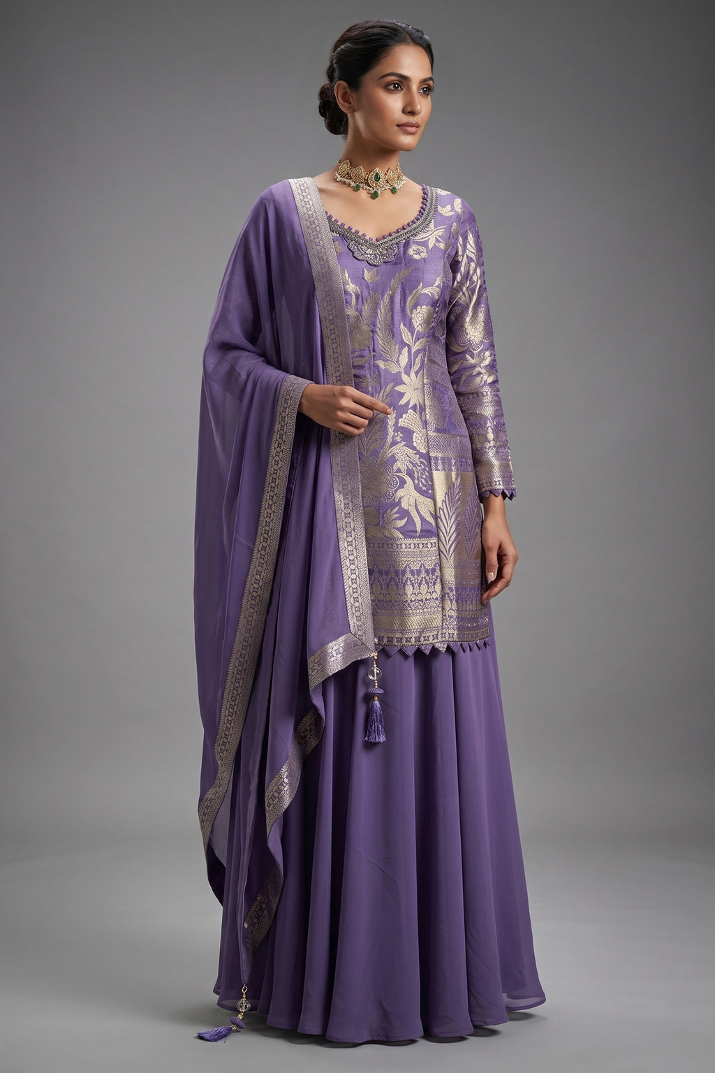 Lilac Chinon Silk Woven Palazzo Suit with Stone Work
