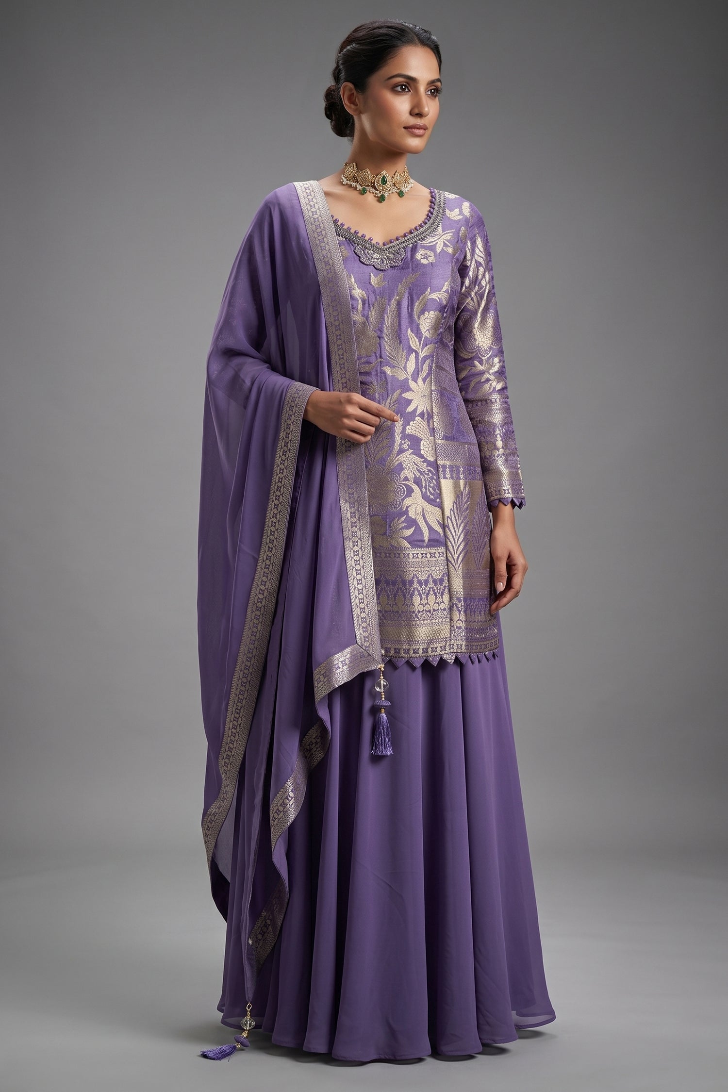 Lilac Chinon Silk Woven Palazzo Suit with Stone Work